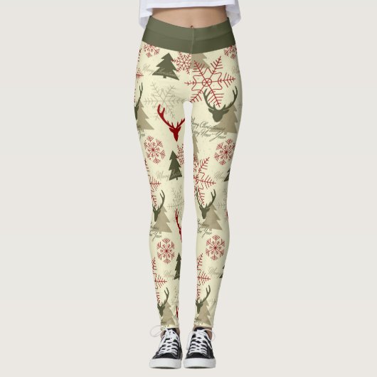 Leuke Kerstboom Herten Groen Rood Patroon Feesteli Leggings (Voorkant)