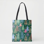 Leuke Kerstboom Rood Roze Blauw op Groen Patroon Tote Bag (Voorkant)