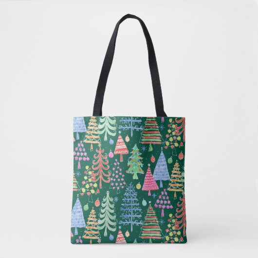 Leuke Kerstboom Rood Roze Blauw op Groen Patroon Tote Bag (Voorkant)