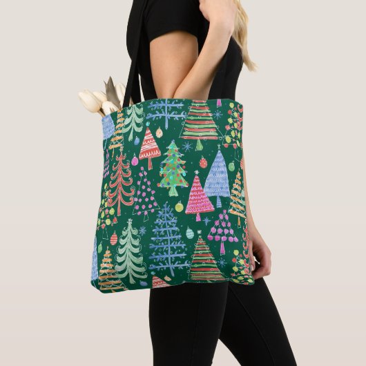 Leuke Kerstboom Rood Roze Blauw op Groen Patroon Tote Bag (Dichtbij)