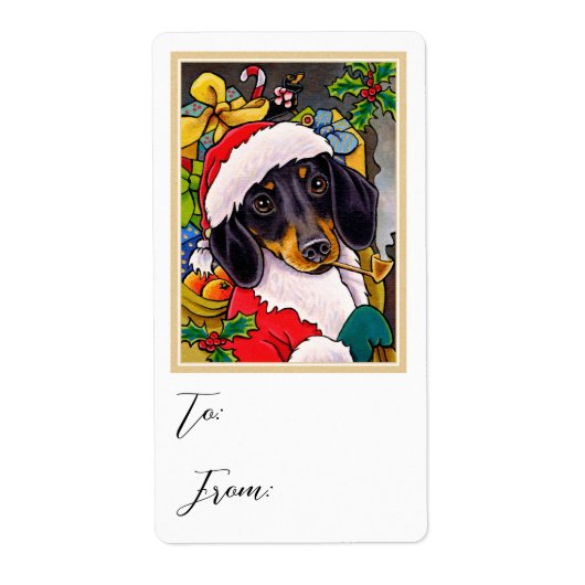 Leuke Kerstman Hond Teckel Cadeauzak Etiket (Voorkant)