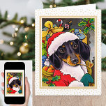 Leuke Kerstman Hond Teckel Feestdagen Kaart<br><div class="desc">Het is tijd om feestelijk te worden met deze leuke Santa Dog notecard! Met een schattige kleine Daschund met een kerstmuts en een zak vol cadeaus. De groet en boodschap binnen kan worden gepersonaliseerd,  zodat u het echt uniek kunt maken. Grootte: Klein,  4"x 5, 6"</div>