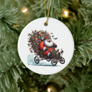 Leuke Kerstman in een oude Go Kart Gepersonaliseer Keramisch Ornament