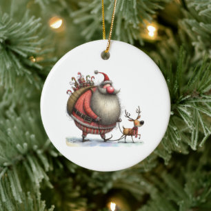 Leuke Kerstman met een rendier en cadeaus Geperson Keramisch Ornament