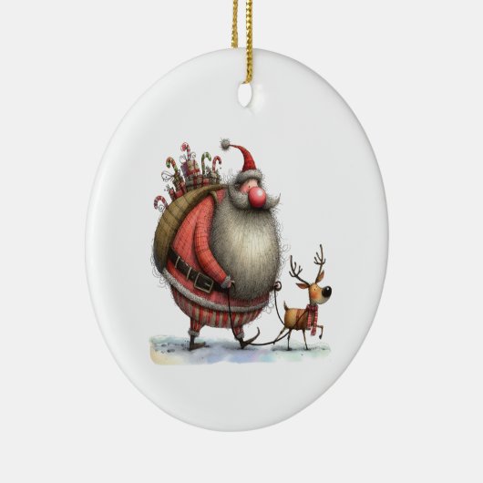Leuke Kerstman met een rendier en cadeaus Geperson Keramisch Ornament (Rechts)