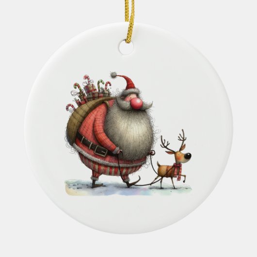 Leuke Kerstman met een rendier en cadeaus Geperson Keramisch Ornament (Voorkant)
