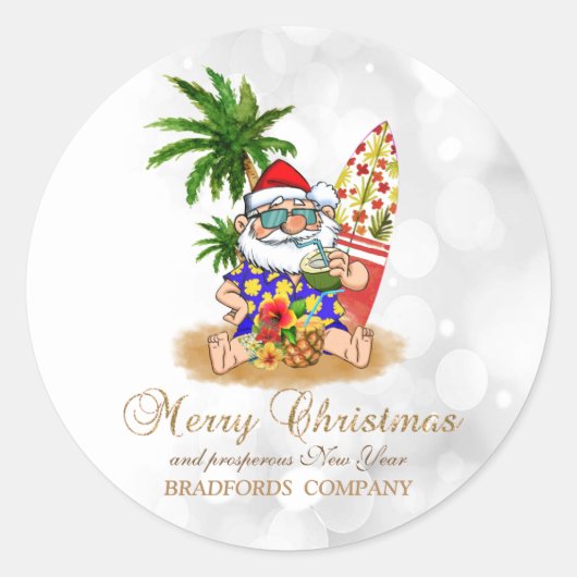 Leuke kerstman,palmboom,strand bokeh ronde sticker (Voorkant)