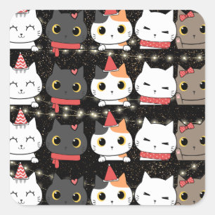 Leuke Kerstmis Verjaardag Kat Gezichten Naadloos P Vierkante Sticker