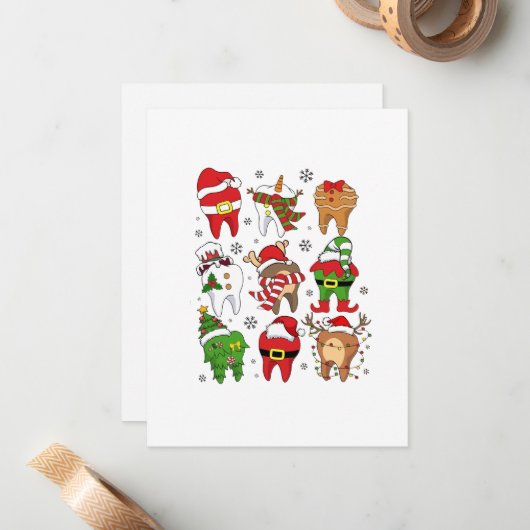 Leuke Kersttandheelkundige Tand Karakter Fun Feest Notitiekaartje (Voorkant / Achterkant in situ)