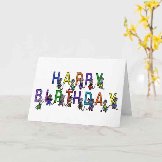 leuke kind verjaardagsmuizen in heldere kleuren kaart (Gele Bloem)