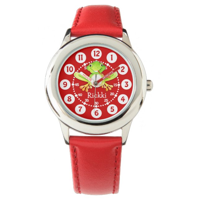 Leuke kinder kikker en naam rood horloge (Voorkant)