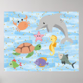 Leuke kinder schattige zee dieren dolfijn schildpa poster (Voorkant)