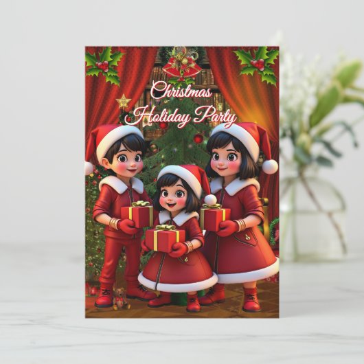 Leuke Kinderen Kerstvakantie Rood Groen Geschenken Kaart (Staand voorkant)