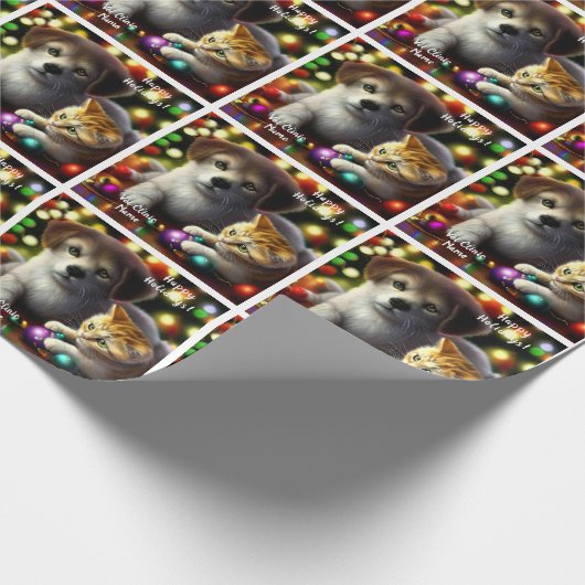 Leuke kitten en puppy kerst cadeaupapier (Hoek)