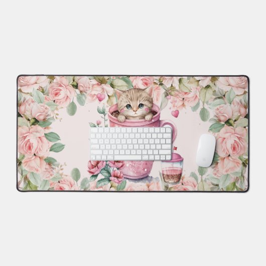 Leuke kitten kat in Cup Blush Roze Rozen Bloemen Bureaumat (Keyboard & Muis)
