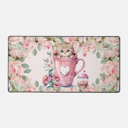 Leuke kitten kat in Cup Blush Roze Rozen Bloemen Bureaumat (Voorkant)
