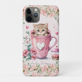 Leuke kitten kat in Cup Blush Roze Rozen Bloemen Case-Mate iPhone Case
