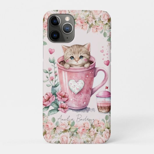 Leuke kitten kat in Cup Blush Roze Rozen Bloemen Case-Mate iPhone Case (Achterkant)