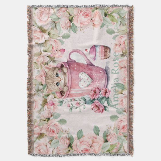 Leuke kitten kat in Cup Blush Roze Rozen Bloemen Deken (Voorkant Verticaal)
