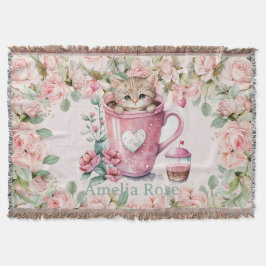 Leuke kitten kat in Cup Blush Roze Rozen Bloemen Deken