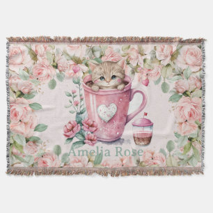 Leuke kitten kat in Cup Blush Roze Rozen Bloemen Deken