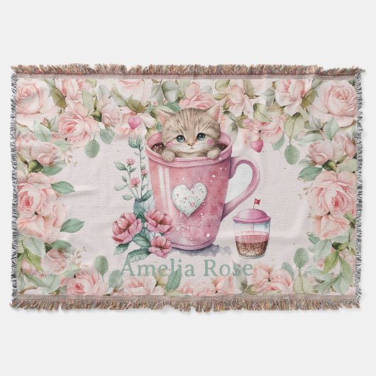 Leuke kitten kat in Cup Blush Roze Rozen Bloemen Deken (Voorkant)