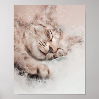 Leuke kitten slapen Dromerige waterverf schilderij Poster