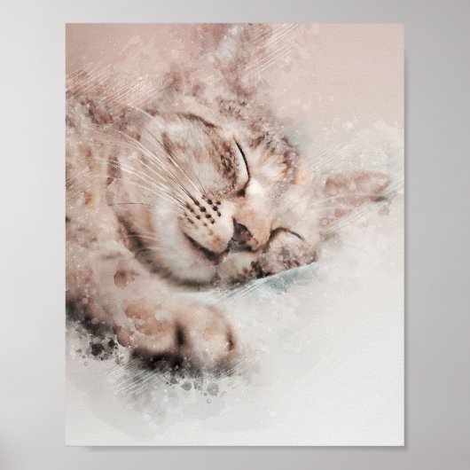 Leuke kitten slapen Dromerige waterverf schilderij Poster (Voorkant)
