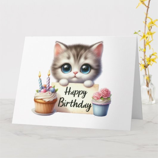 Leuke kitten Verjaardag Kaart (Gele Bloem)