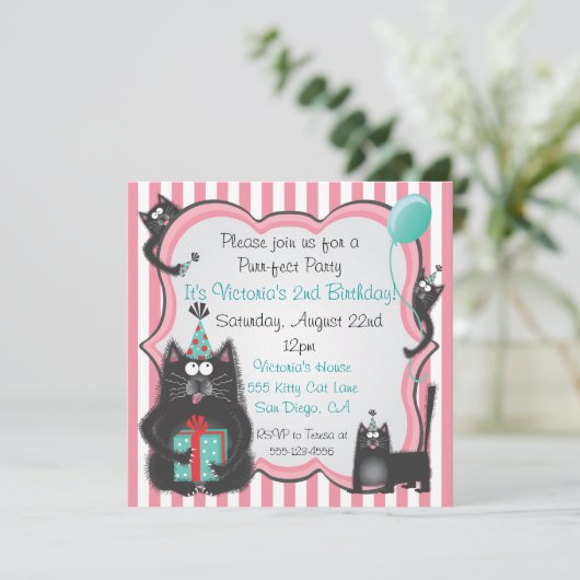 Leuke kitty kat verjaardagsfeestje uitnodiging (Staand voorkant)