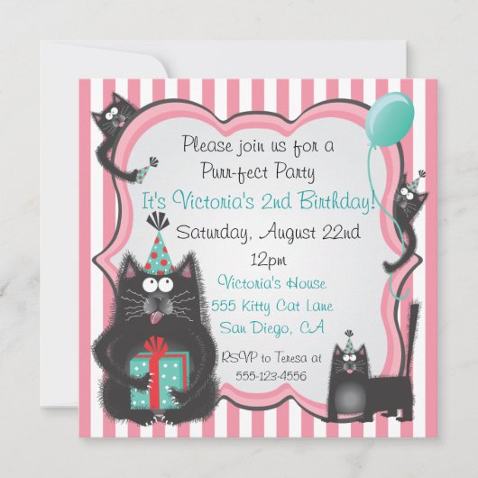 Leuke kitty kat verjaardagsfeestje uitnodiging (Voorkant)