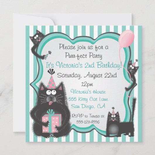 Leuke kitty kat verjaardagsfeestje uitnodiging (Voorkant)
