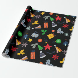 Leuke klassieke motief kerst zwarte achtergrond cadeaupapier