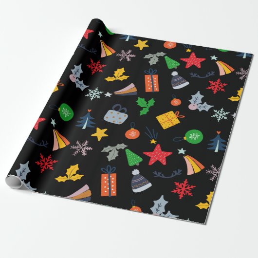 Leuke klassieke motief kerst zwarte achtergrond cadeaupapier (Uitgerold)