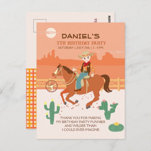 Leuke kleine cowboy en paard verjaardagsfeestje briefkaart (Voorkant / Achterkant)