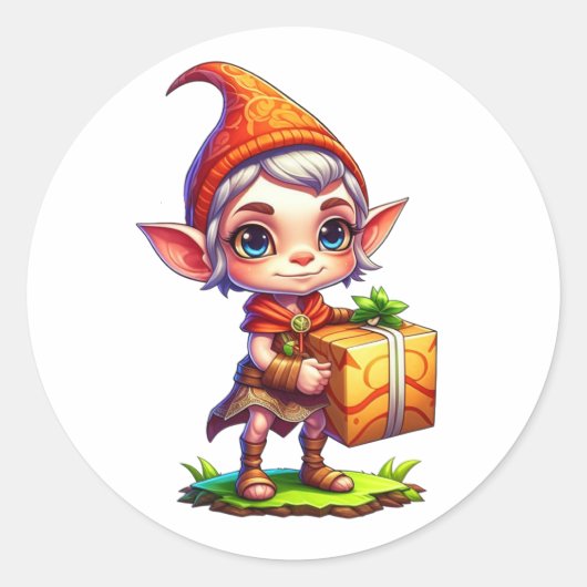 Leuke kleine elf met een cadeau kerst ronde sticker (Voorkant)