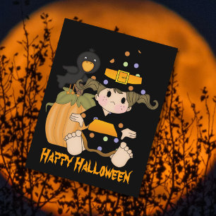 Leuke kleine Halloween heks, zwart sinaasappel jur Briefkaart