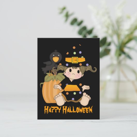 Leuke kleine Halloween heks, zwart sinaasappel jur Briefkaart (Staand voorkant)