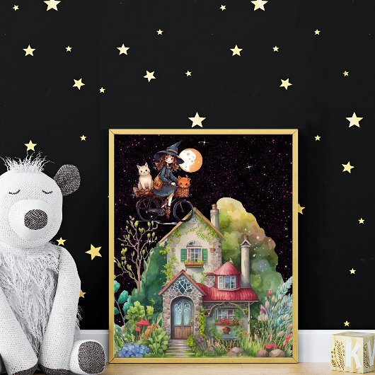 Leuke kleine heks en kat met een gelukkig huis poster