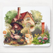 Leuke kleine heks en vos mousepad muismat (Voorkant)