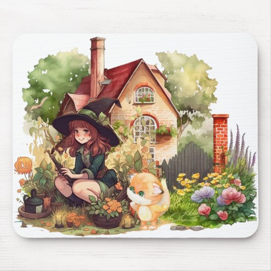 Leuke kleine heks en vos mousepad muismat (Voorkant)