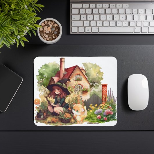 Leuke kleine heks en vos mousepad muismat