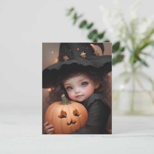 Leuke kleine heks met haar Halloween pompoen Briefkaart (Staand voorkant)