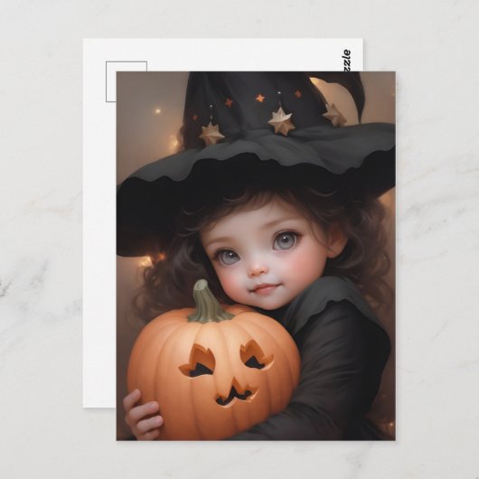 Leuke kleine heks met haar Halloween pompoen Briefkaart (Voorkant / Achterkant)