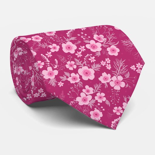 Leuke kleine roze bloem met magenta achtergrond stropdas (Opgerold)