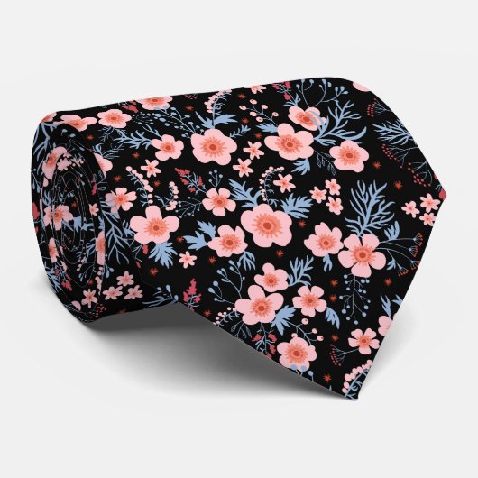 Leuke kleine roze bloemen op een zwarte achtergron stropdas (Opgerold)