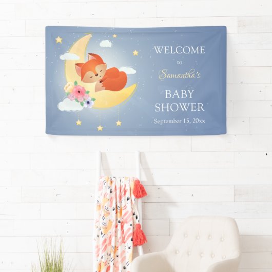 Leuke kleine vos op de maan baby shower spandoek (Insitu)