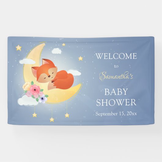 Leuke kleine vos op de maan baby shower spandoek (Horizontaal)
