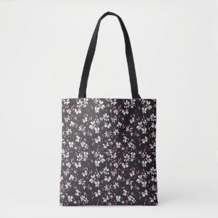 leuke kleine witte roze bloem met zwarte achtergro tote bag