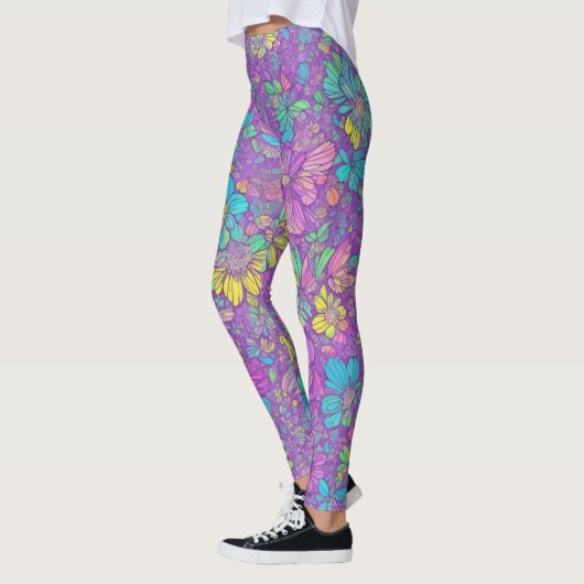 Leuke Kleur Paarse Boho Hippie Bloemenpatroon Leggings (Links)